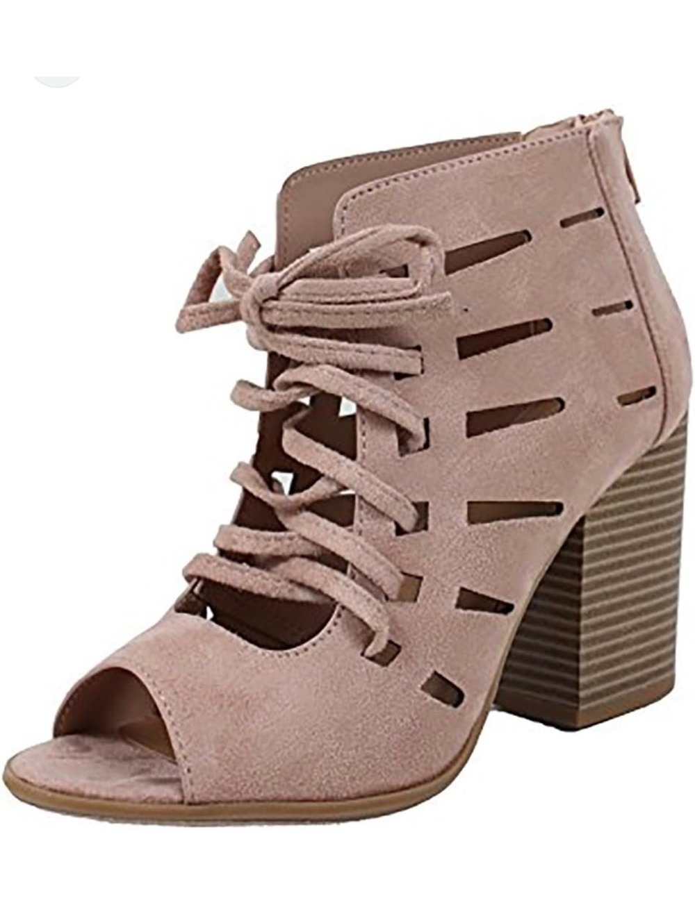 Soda Women's Taupe Faux Suede Open Toe Lace-Up Block Heel Sandals Size 6